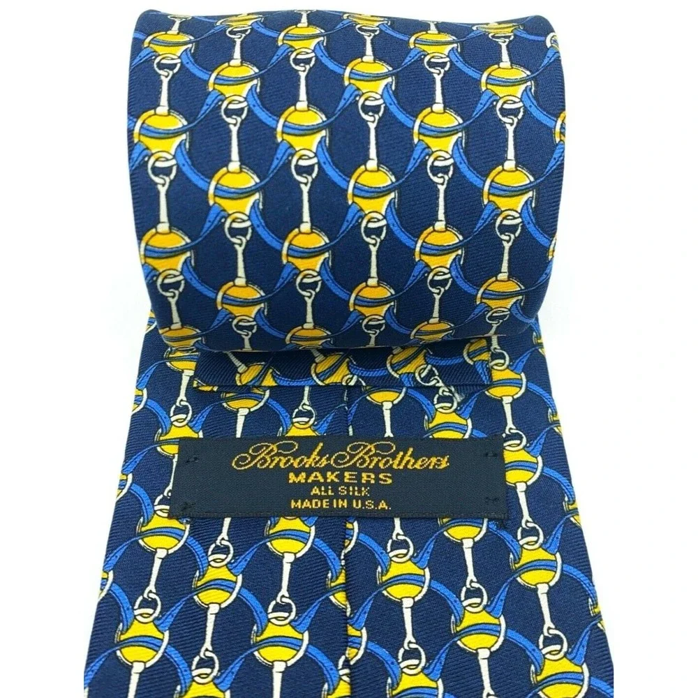 BROOKS BROTHERS MAKERS All Silk Equestrian Motif Blue Yellow Necktie Made in USA